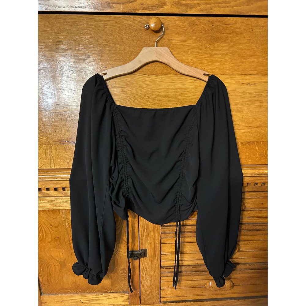 Y2K Milkmaid Goth Black Ruched Smocked Back Crop Going Out Top Long Sleeve XL